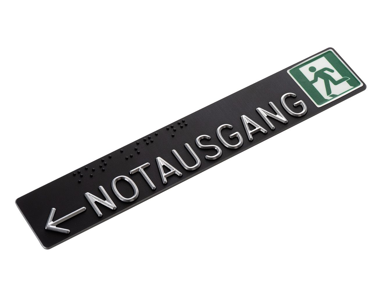 Handlaufschild flach Aluminium schwarz eloxiert gefräst nach DIN32986 AUSGANG / NOTAUSGANG