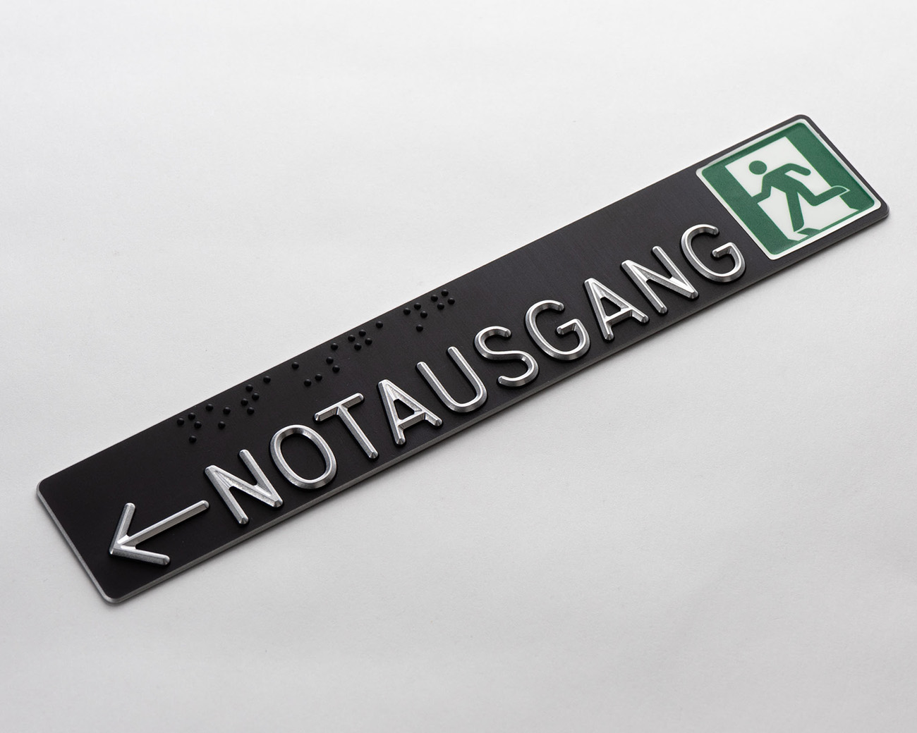 Handlaufschild flach Aluminium schwarz eloxiert gefräst nach DIN32986 AUSGANG / NOTAUSGANG